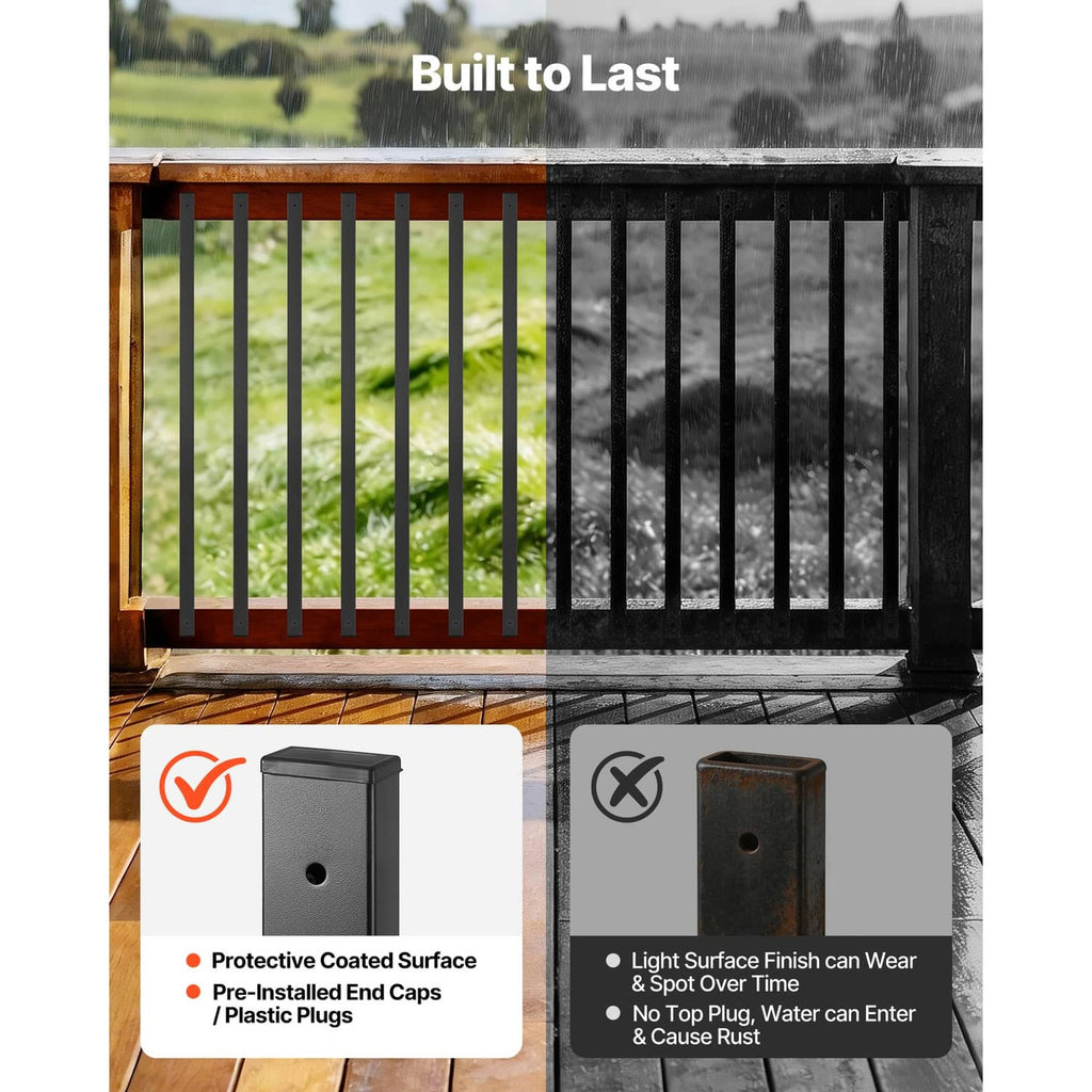 Black rectangular steel railing balusters in a fence-style deck railing