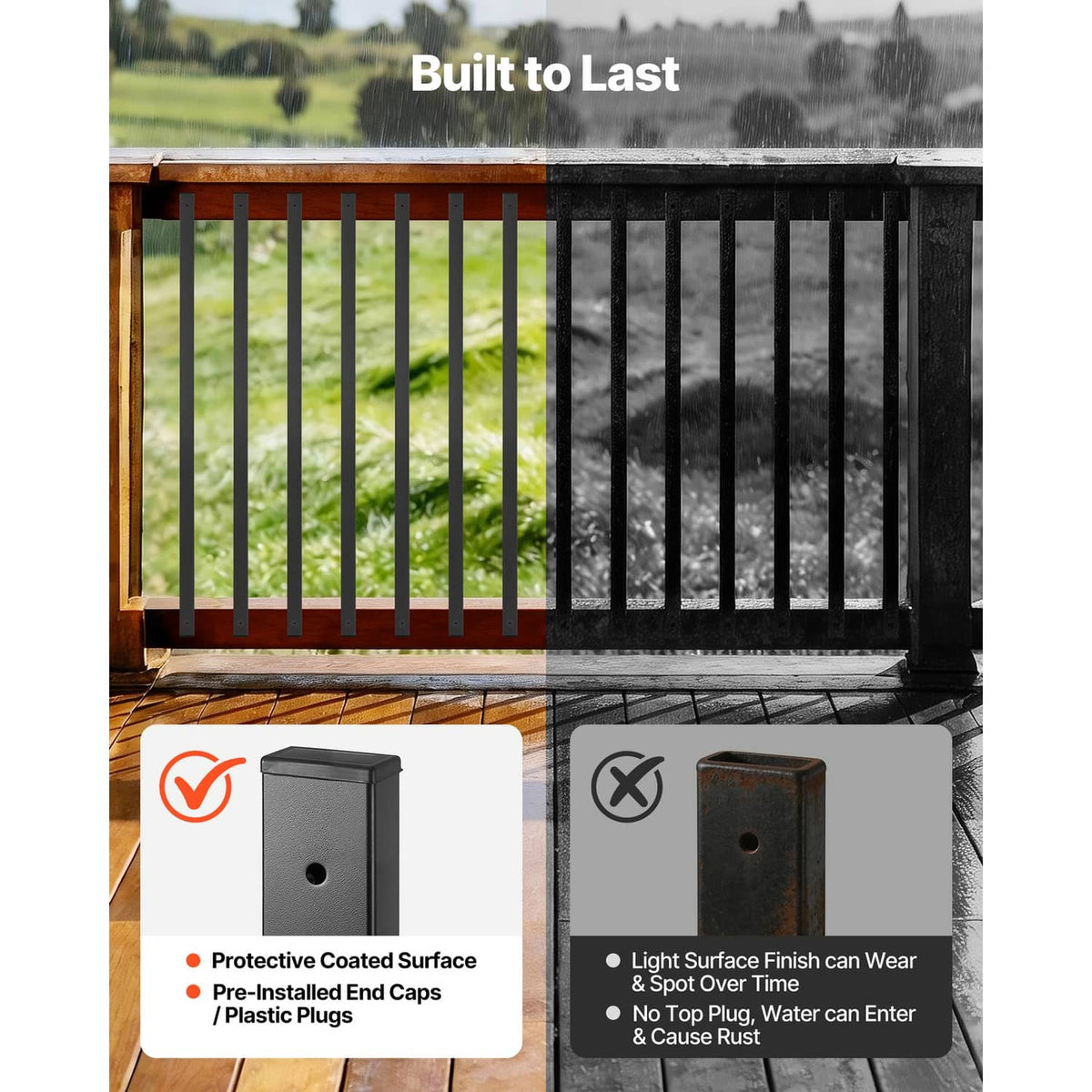 Black rectangular steel railing balusters in a fence-style deck railing