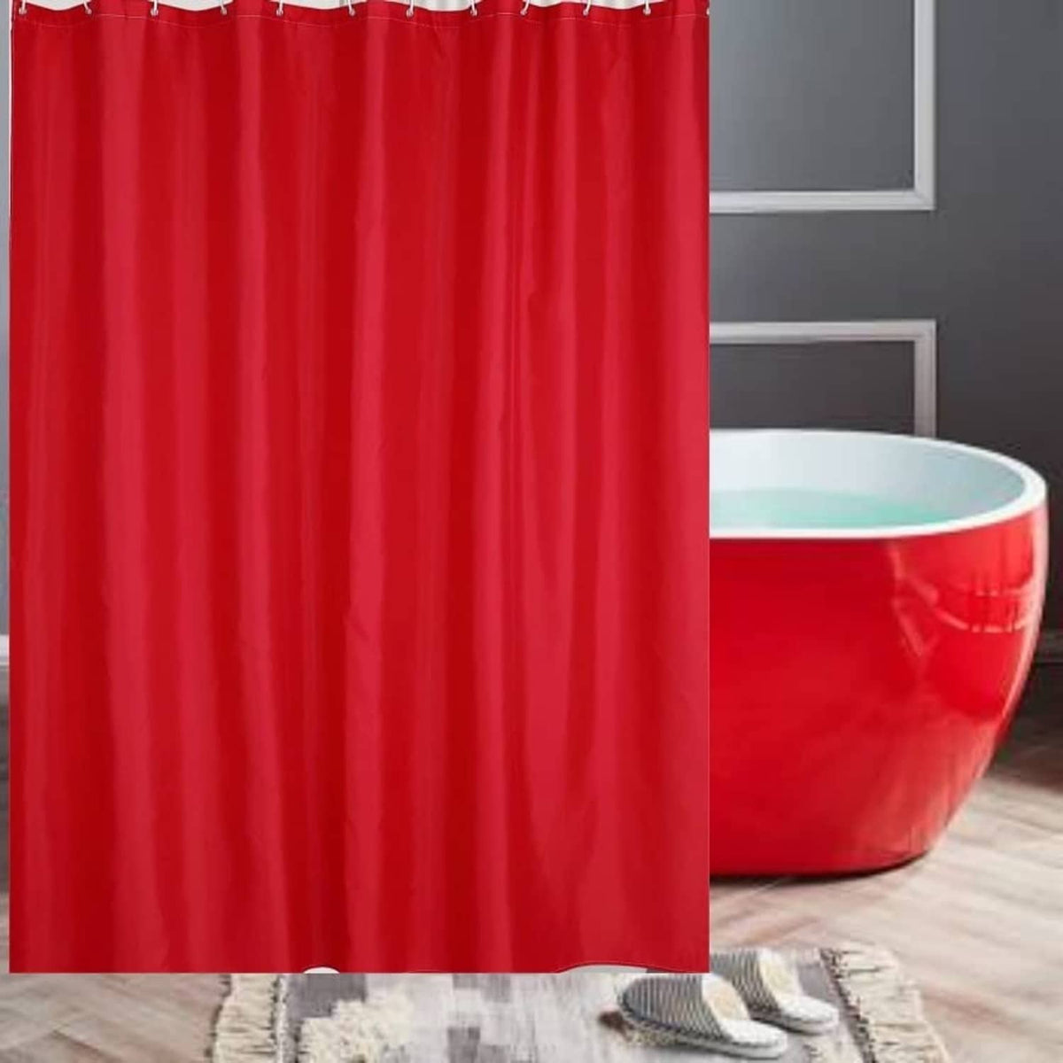 Red shower curtain liner panel with top header and straight hanging hem edge