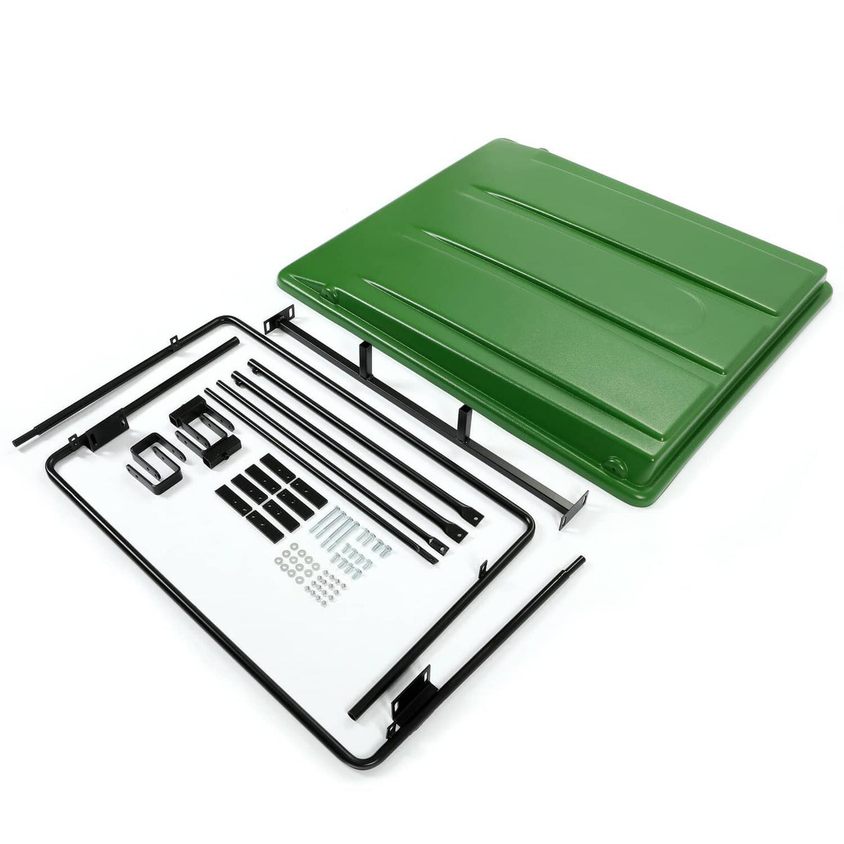 Green sun shade canopy kit with hardware and mounting brackets, parts shown