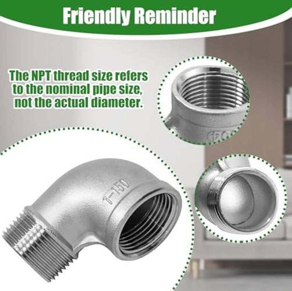 Stainless steel elbow fitting close-up with NPT thread opening and internal threads