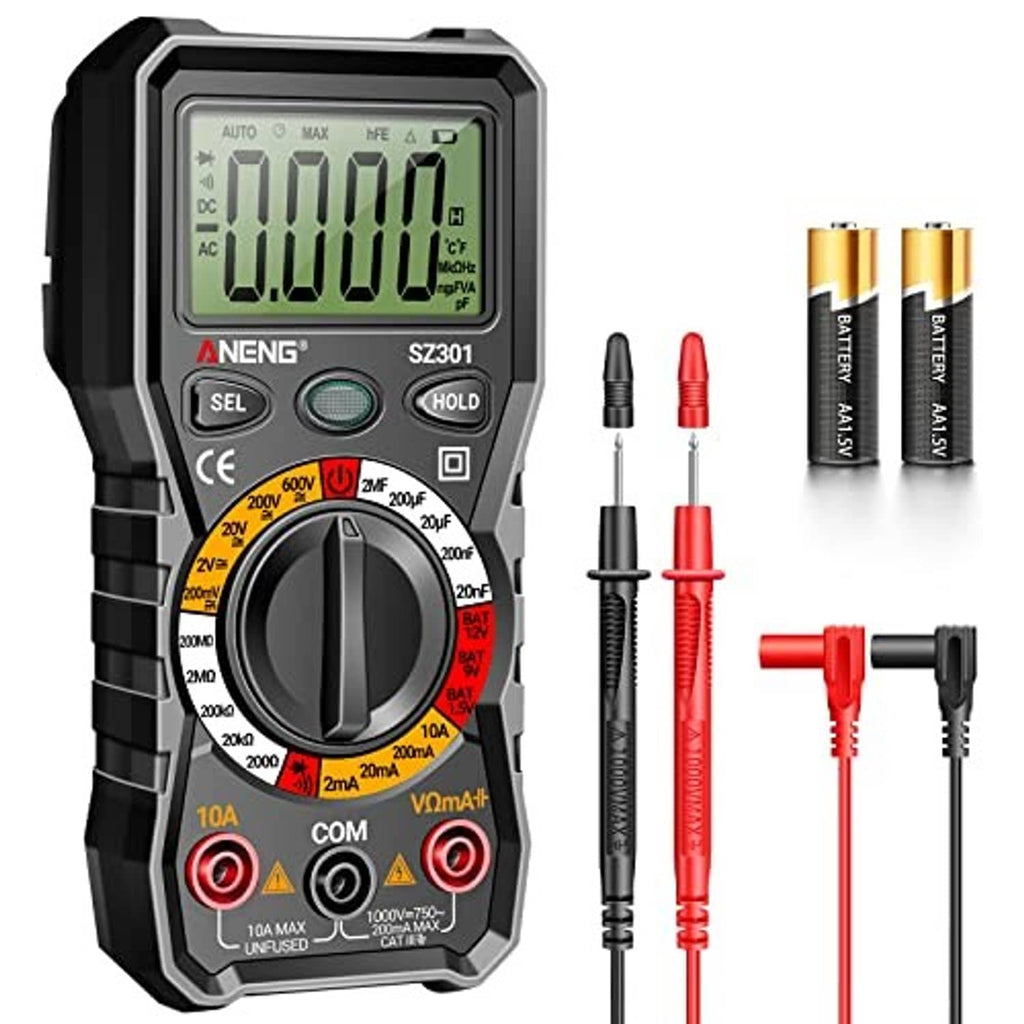 Black digital multimeter with LCD readout, rotary dial, and red/black test probes