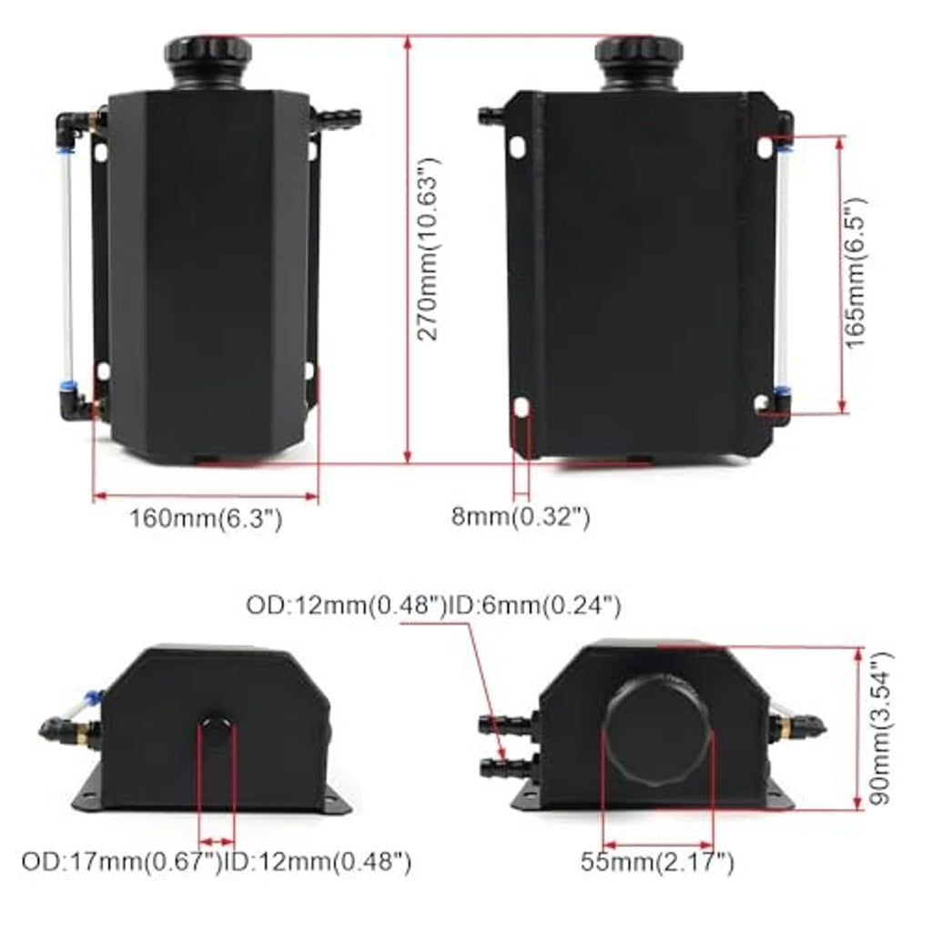 Black aluminum coolant overflow tank with mounting holes and size measurement diagram
