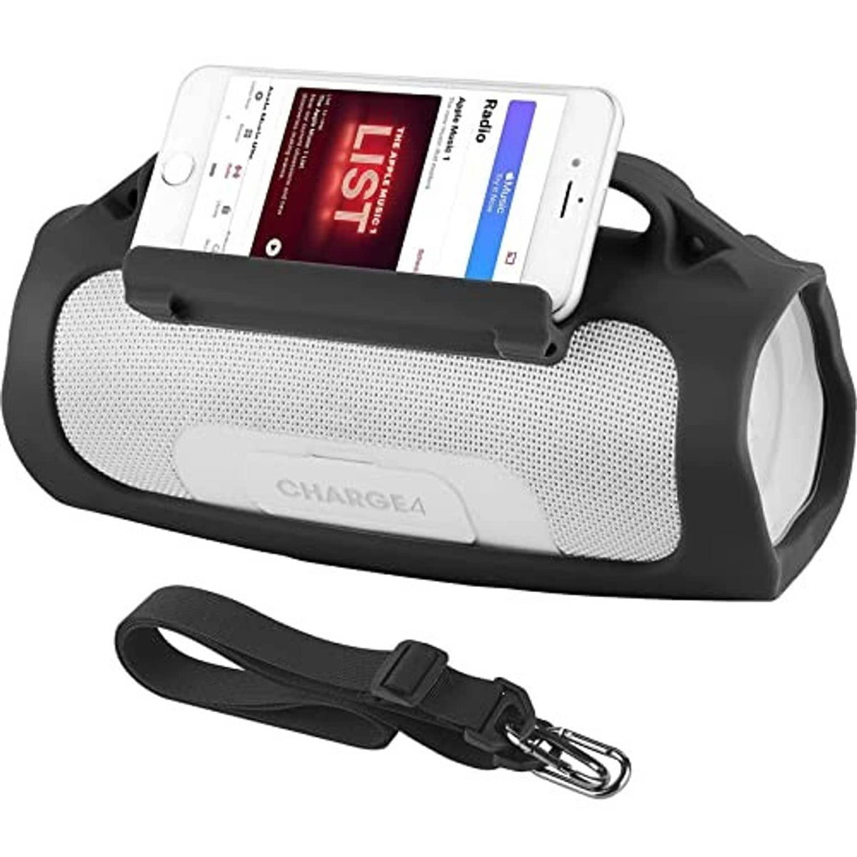 Silicone portable speaker case with gray mesh center, black rubber sides, and lanyard