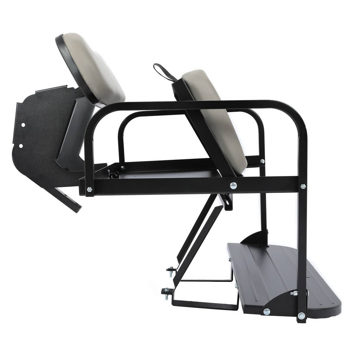 Gray rear flip seat kit with black tubular frame and folding step platform