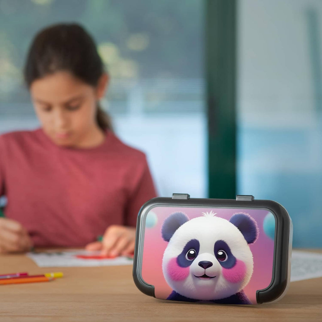 ZIPIT recycled plastic pencil box with panda face print on front, on a desk