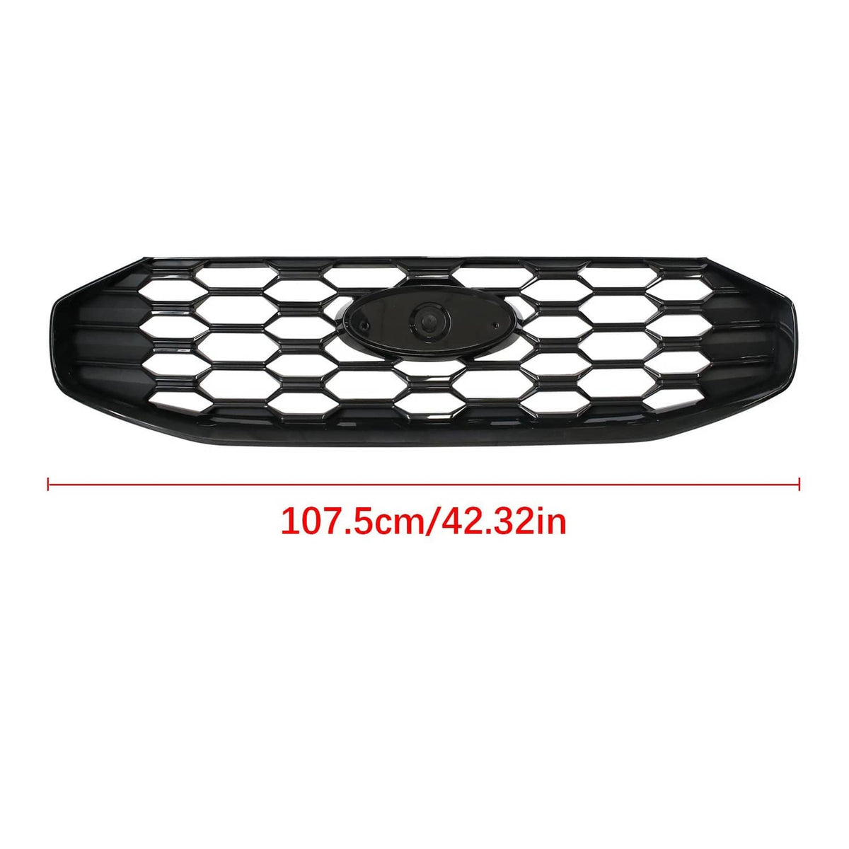 Black front grille with hex honeycomb pattern and central emblem opening
