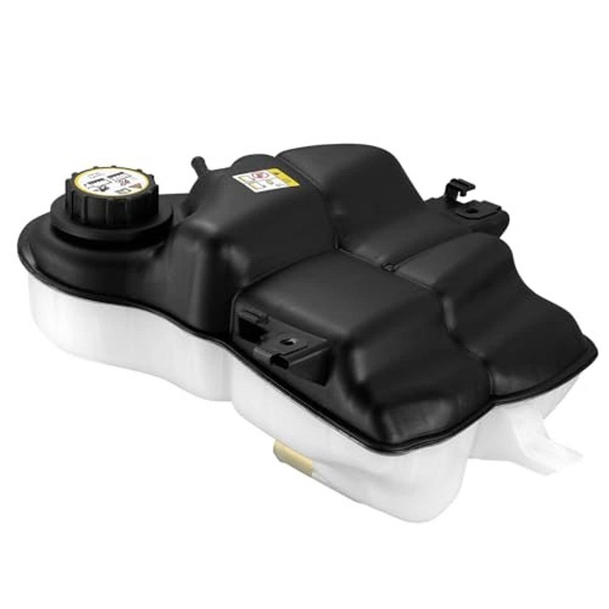 Engine coolant overflow reservoir tank with black housing and cap on white base