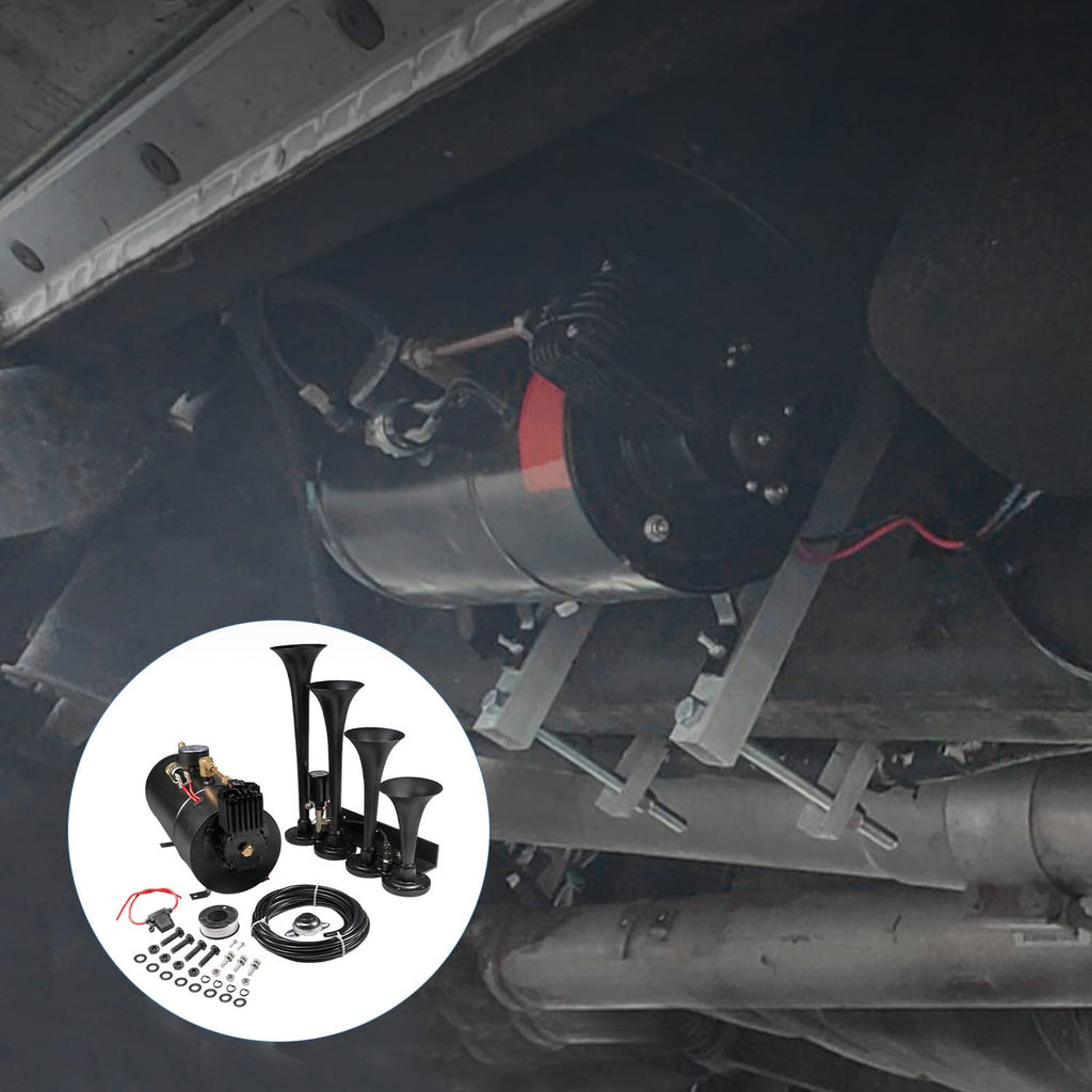 Under-vehicle mounted 4-trumpet train air horn kit with black air tank and hoses