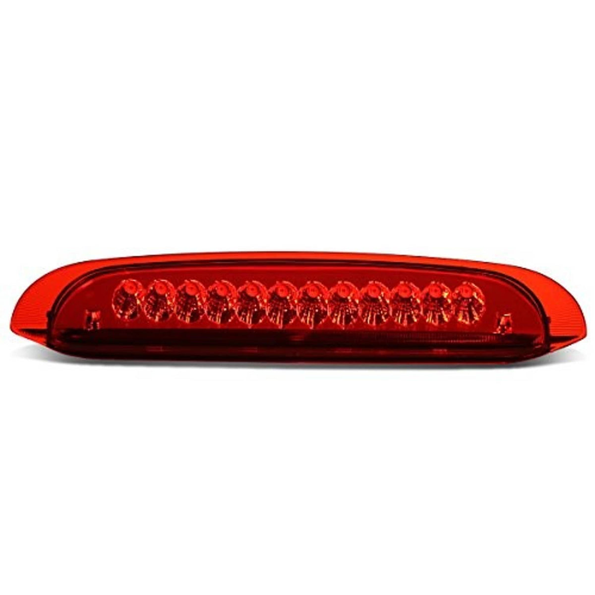 Red LED third brake light assembly with transparent housing and diode row detail