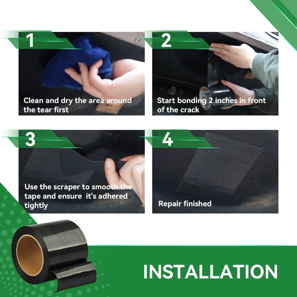 Black RV underbelly repair tape roll shown during step-by-step installation