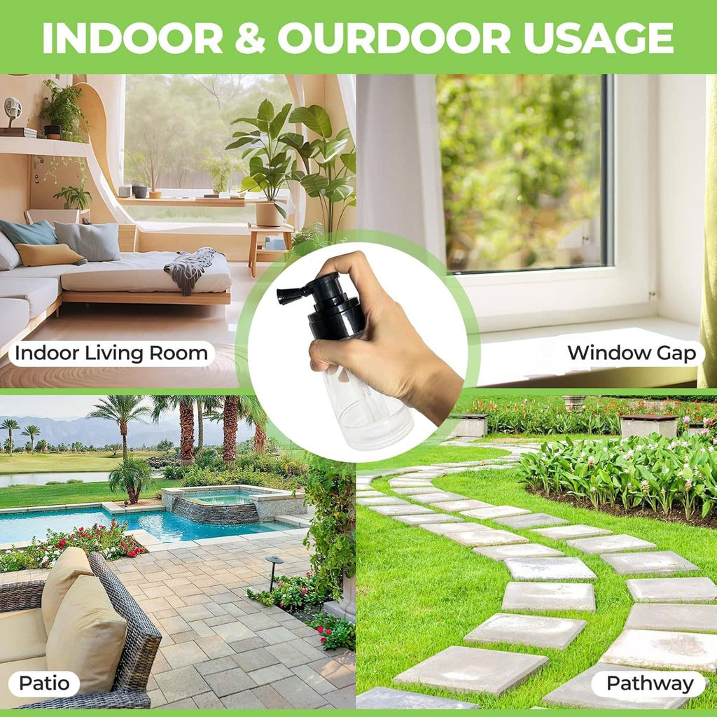 Clear bottle powder duster with black nozzle, shown for indoor and outdoor areas