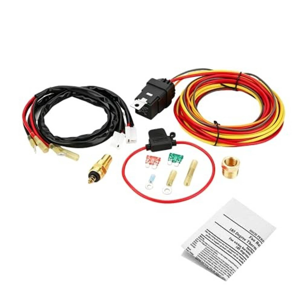 Electric cooling fan wiring kit set with red, yellow, and black wires plus sensor connectors