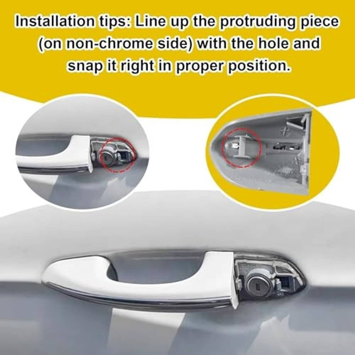 Black electroplated door handle key hole trim cover, close-up on car handle plate