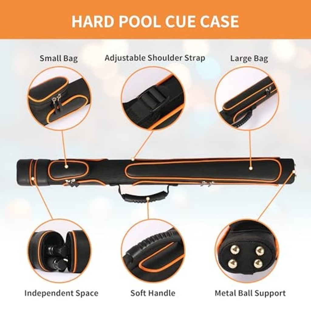 Hard pool cue case with shoulder strap, black shell with orange trim, soft handle and end supports