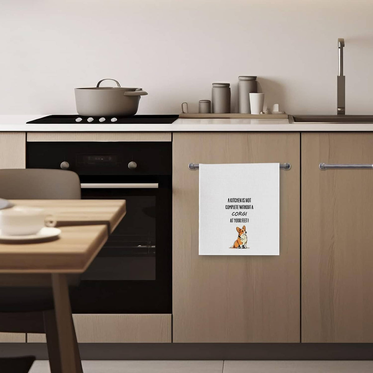 White waffle weave kitchen towel hanging on cabinet door, with corgi illustration and quote.