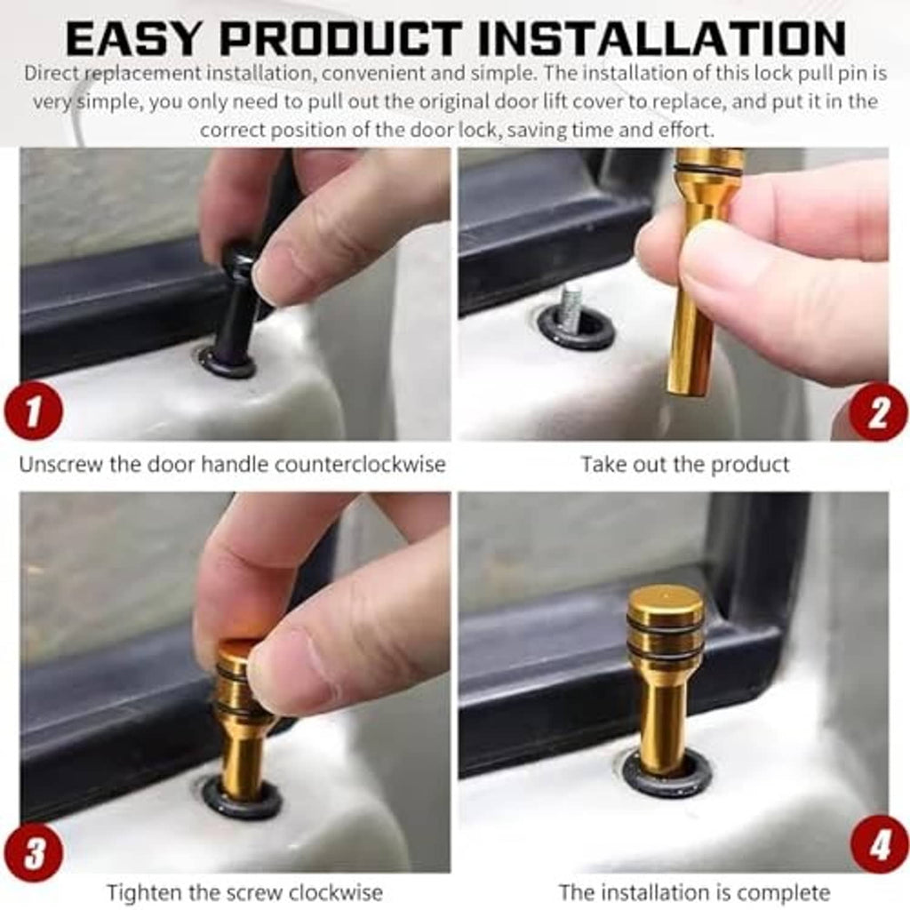 Red car door lock pull pin shown during installation with hand pulling pin