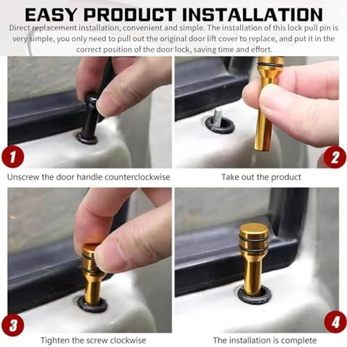 Red car door lock pull pin shown during installation with hand pulling pin