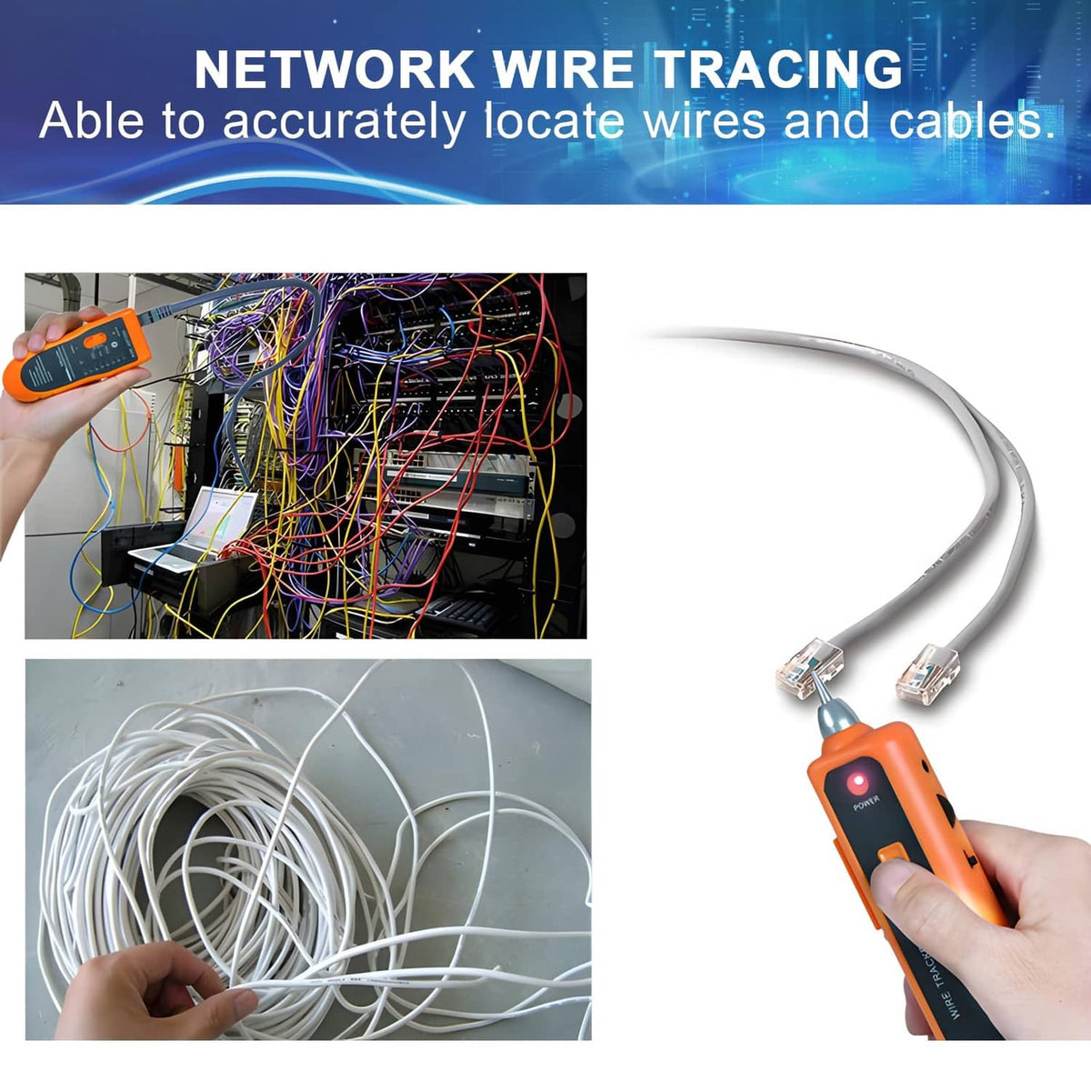 Orange wire tracker cable tester with RJ cable connectors and probe on handheld
