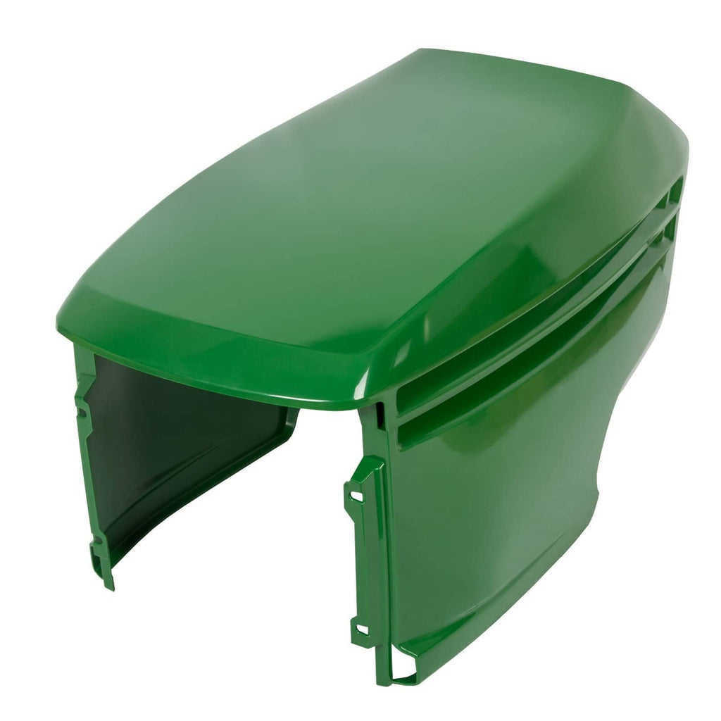 Green plastic mower hood cover with mounting brackets and side cutouts