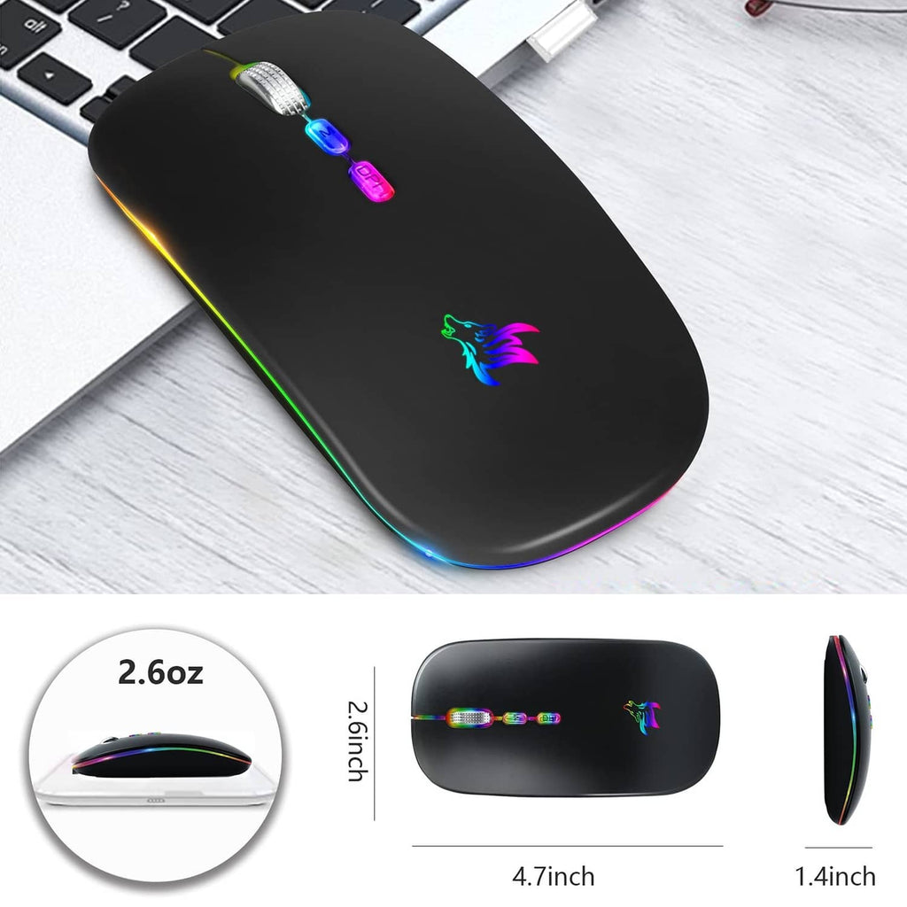 Black slim wireless mouse with colorful RGB LED strip and dragon logo