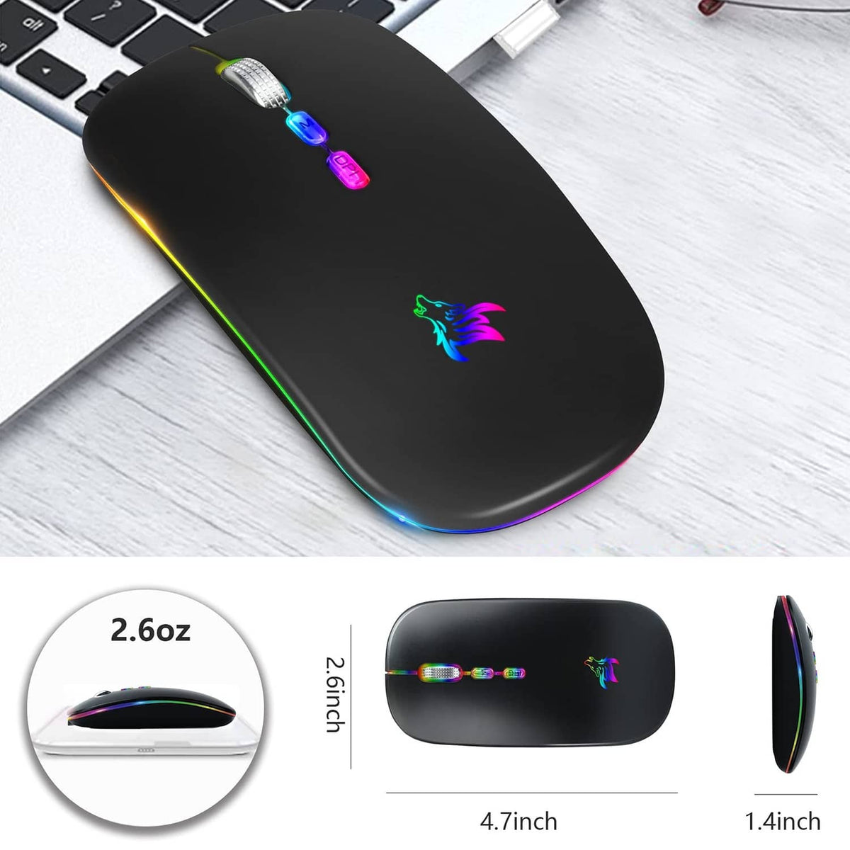 Black slim wireless mouse with colorful RGB LED strip and dragon logo