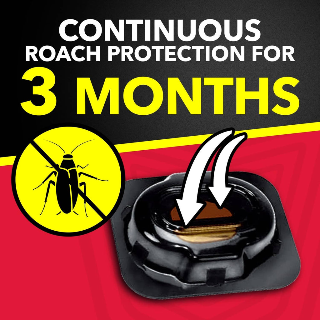 Raid roach bait station with arrow graphic for continuous protection graphic