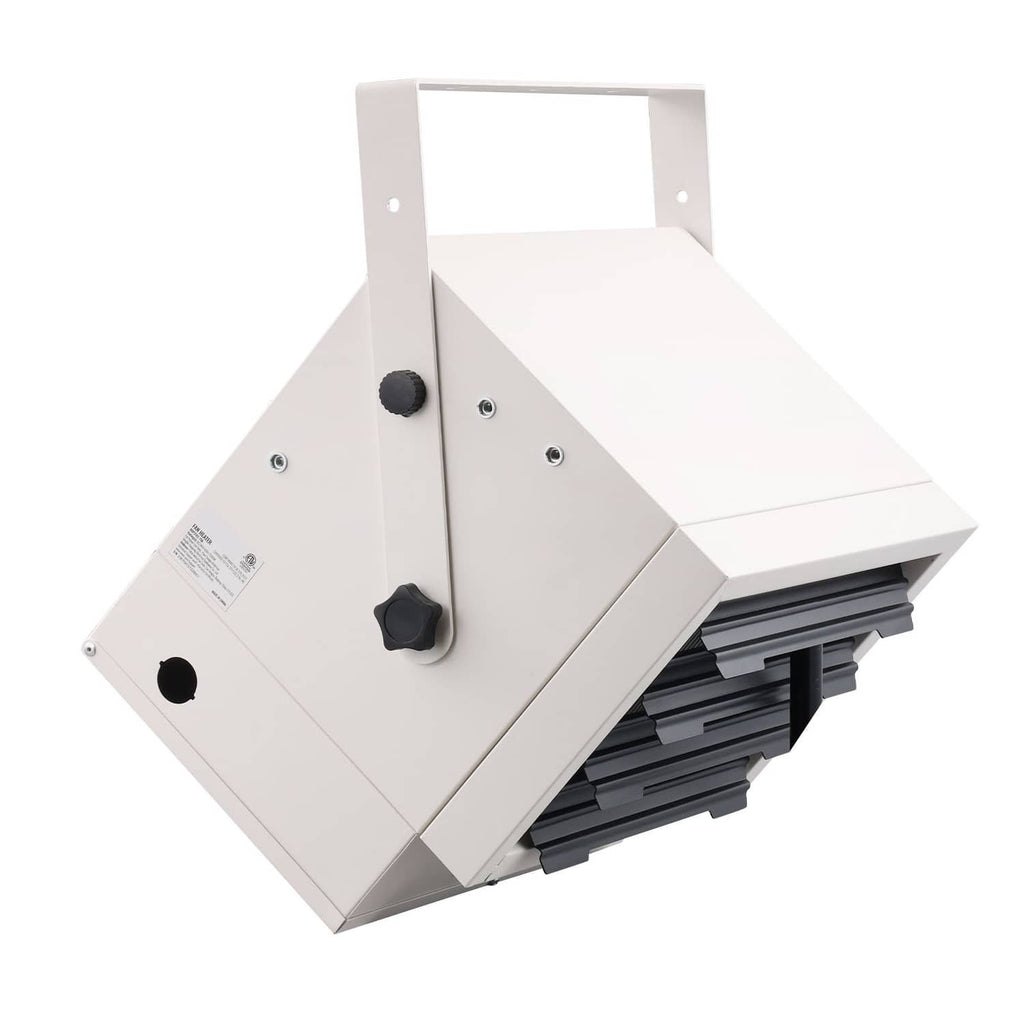White electric garage heater with angled mount, black switch, and front heating vents