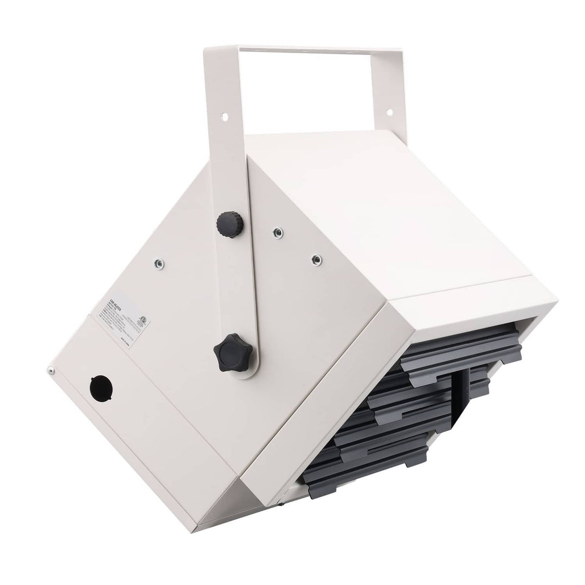 White electric garage heater with angled mount, black switch, and front heating vents