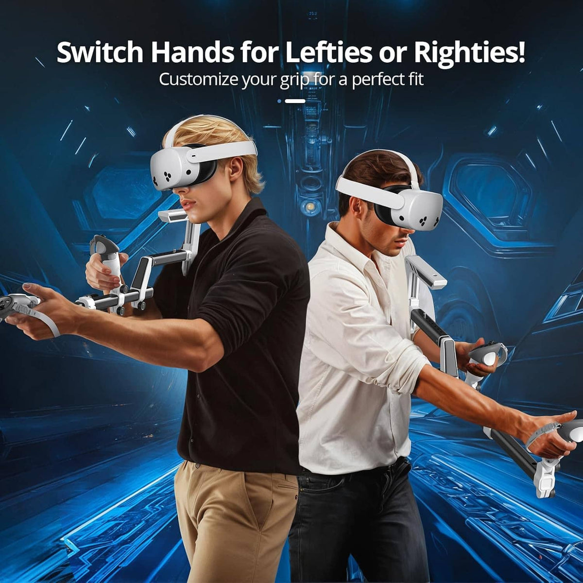 VR gunstock accessory on controllers, worn by two people with VR headsets
