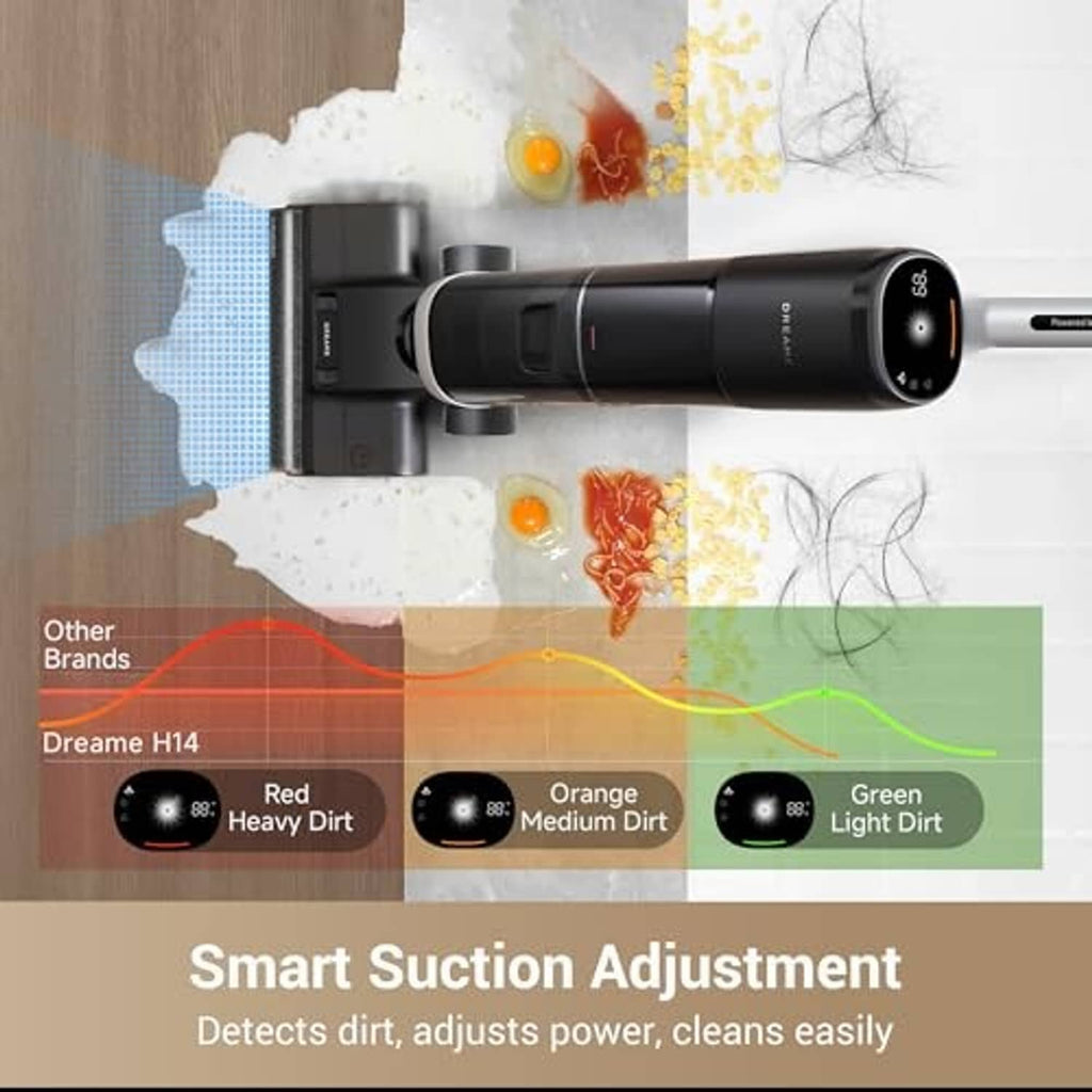 Cordless vacuum mop with black handle and control dial, lie-flat cleaning base.