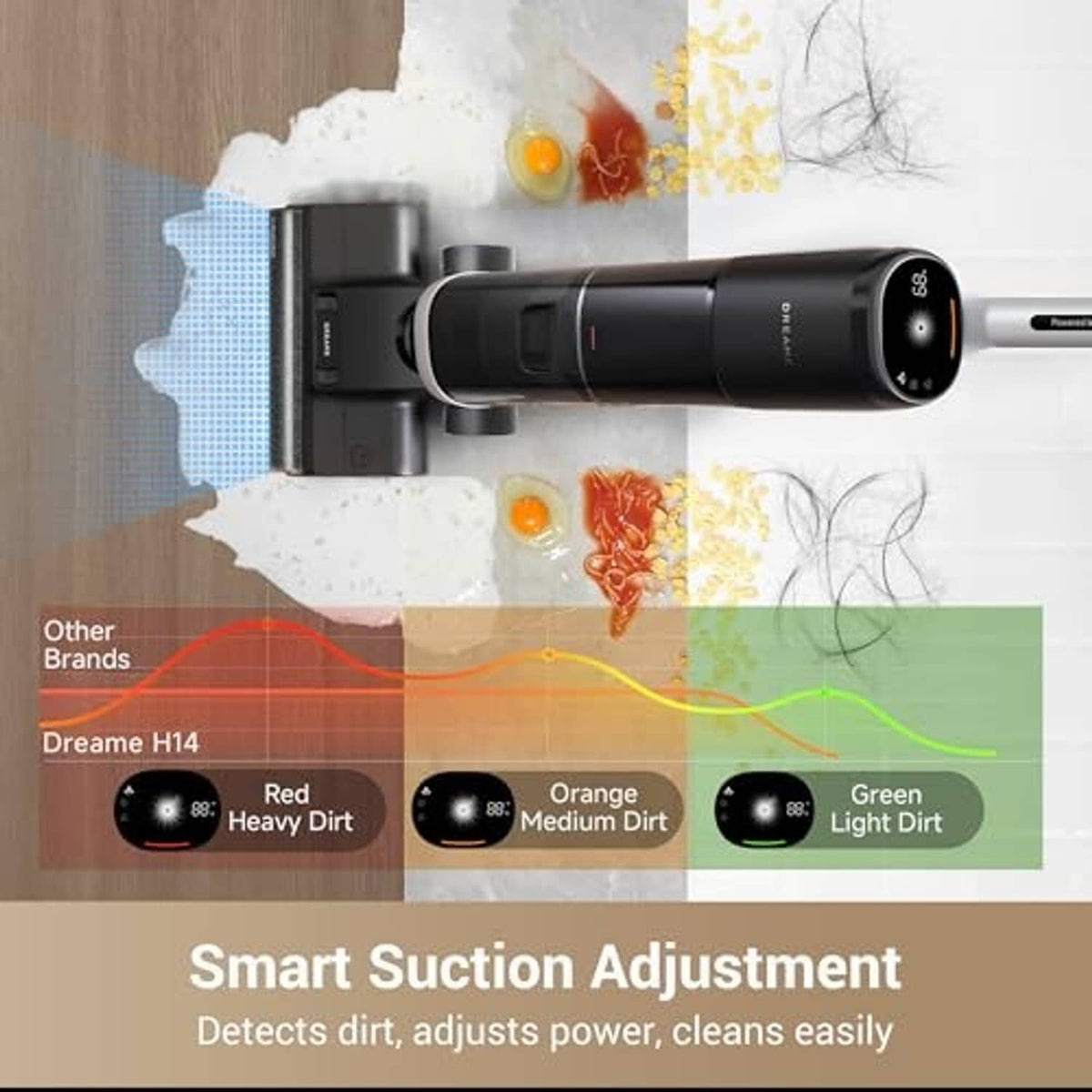 Cordless vacuum mop with black handle and control dial, lie-flat cleaning base.