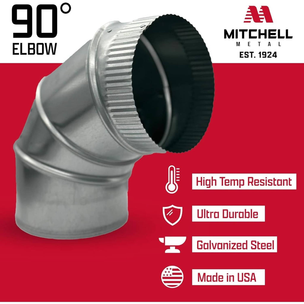 90° galvanized steel dryer vent elbow with ribbed ring and black flanged connector, 4 in