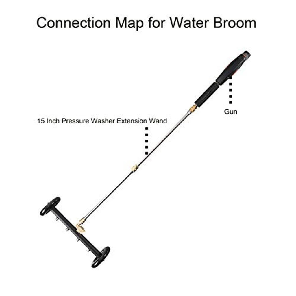 Water broom attachment with long extension wand, black wheels, and brass connection fittings