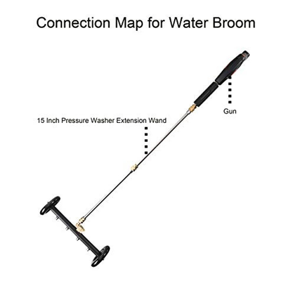 Water broom attachment with long extension wand, black wheels, and brass connection fittings