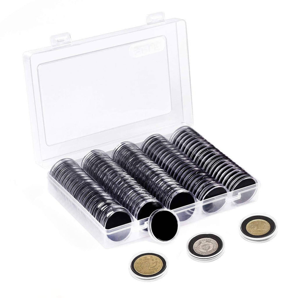 Clear plastic coin capsule case with stacked dark coin holders, 100-piece set