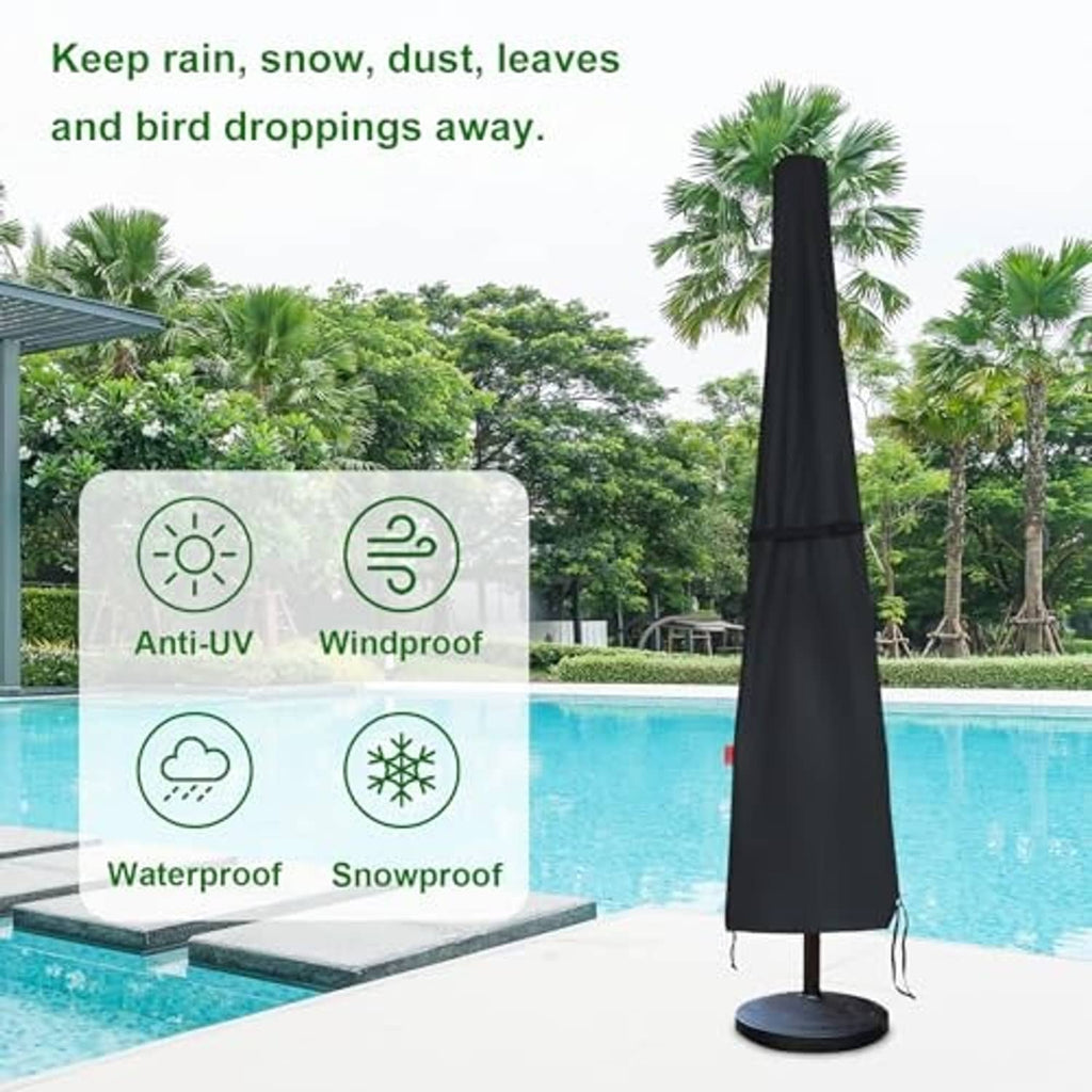 Black patio umbrella cover installed over a standing market umbrella base