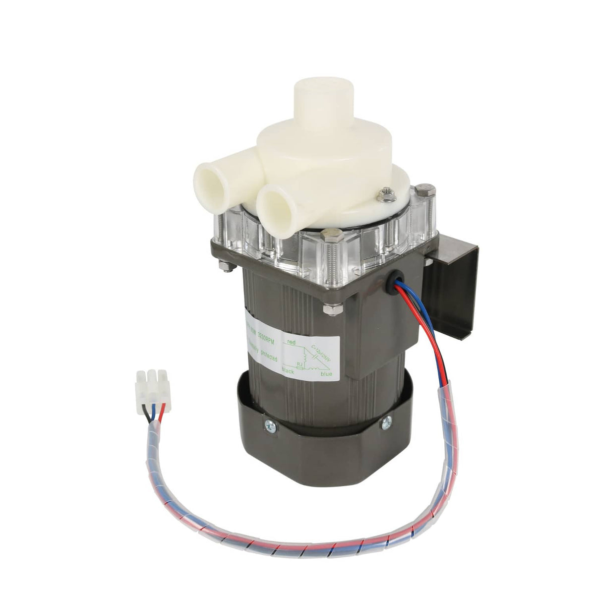 Ice machine water pump motor assembly with white dual outlet ports and electrical connector