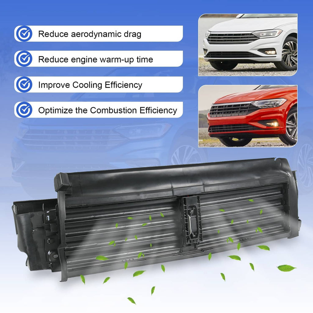 Active grille shutter with motor actuator and louvered fins, overhead angled view