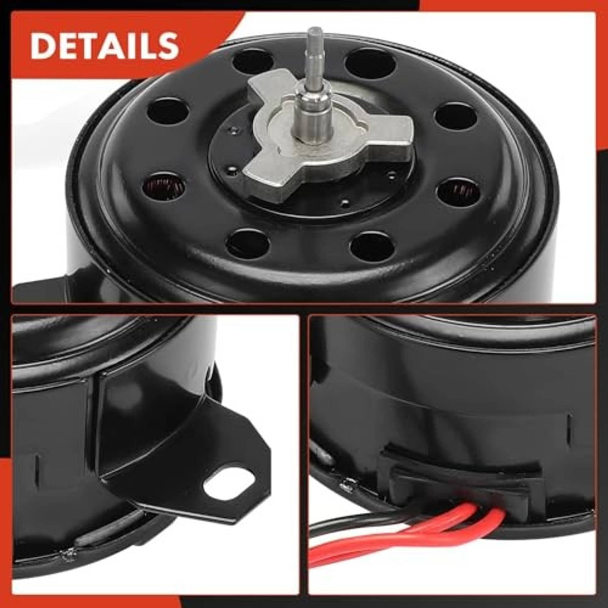 Radiator fan motor with black housing and metal center shaft, top view