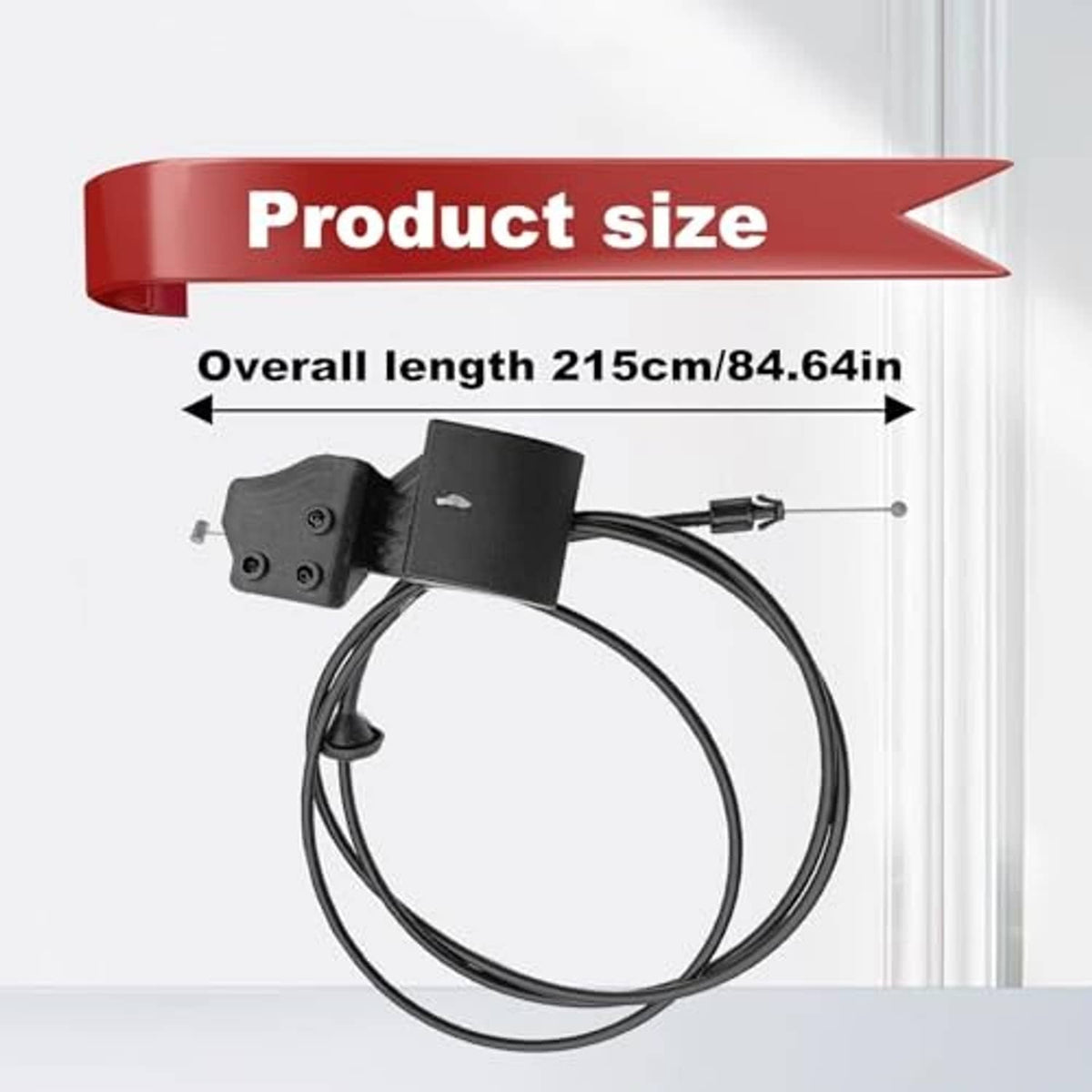 Black hood release cable loop with handle and connector, overall length size diagram