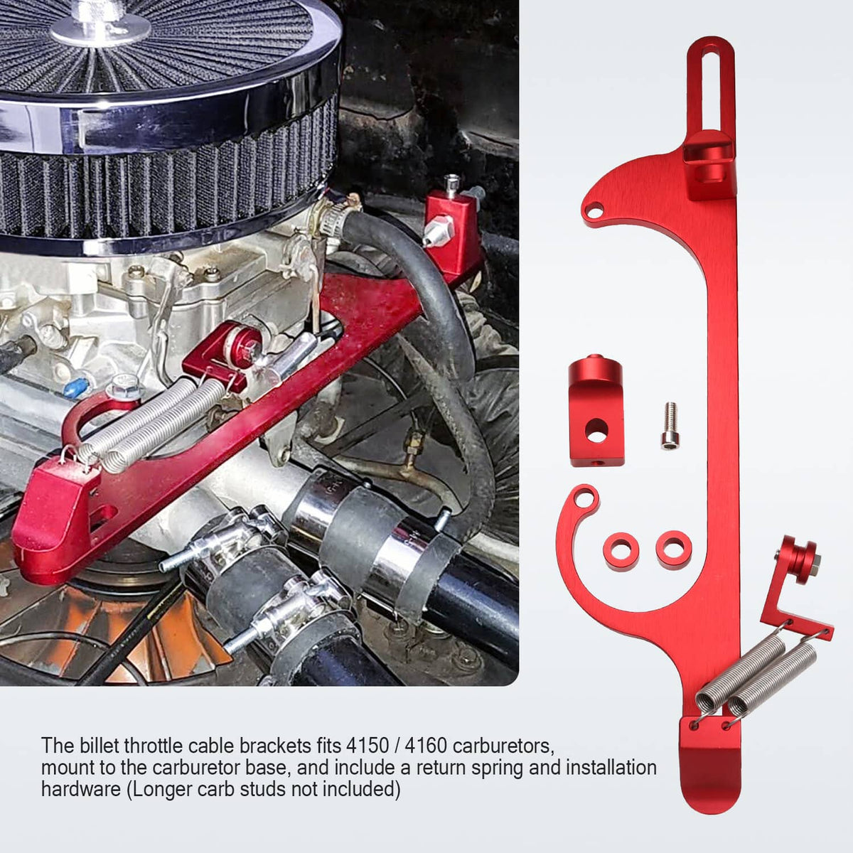 Red throttle cable bracket shown installed near carburetor and air intake