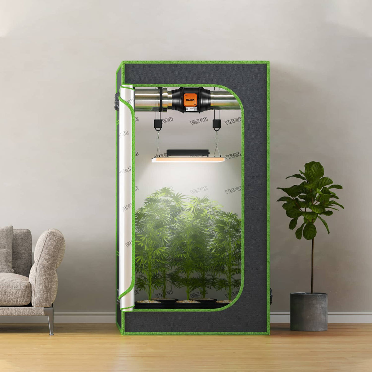 Inline duct fan blower with ducting installed in grow tent with plants