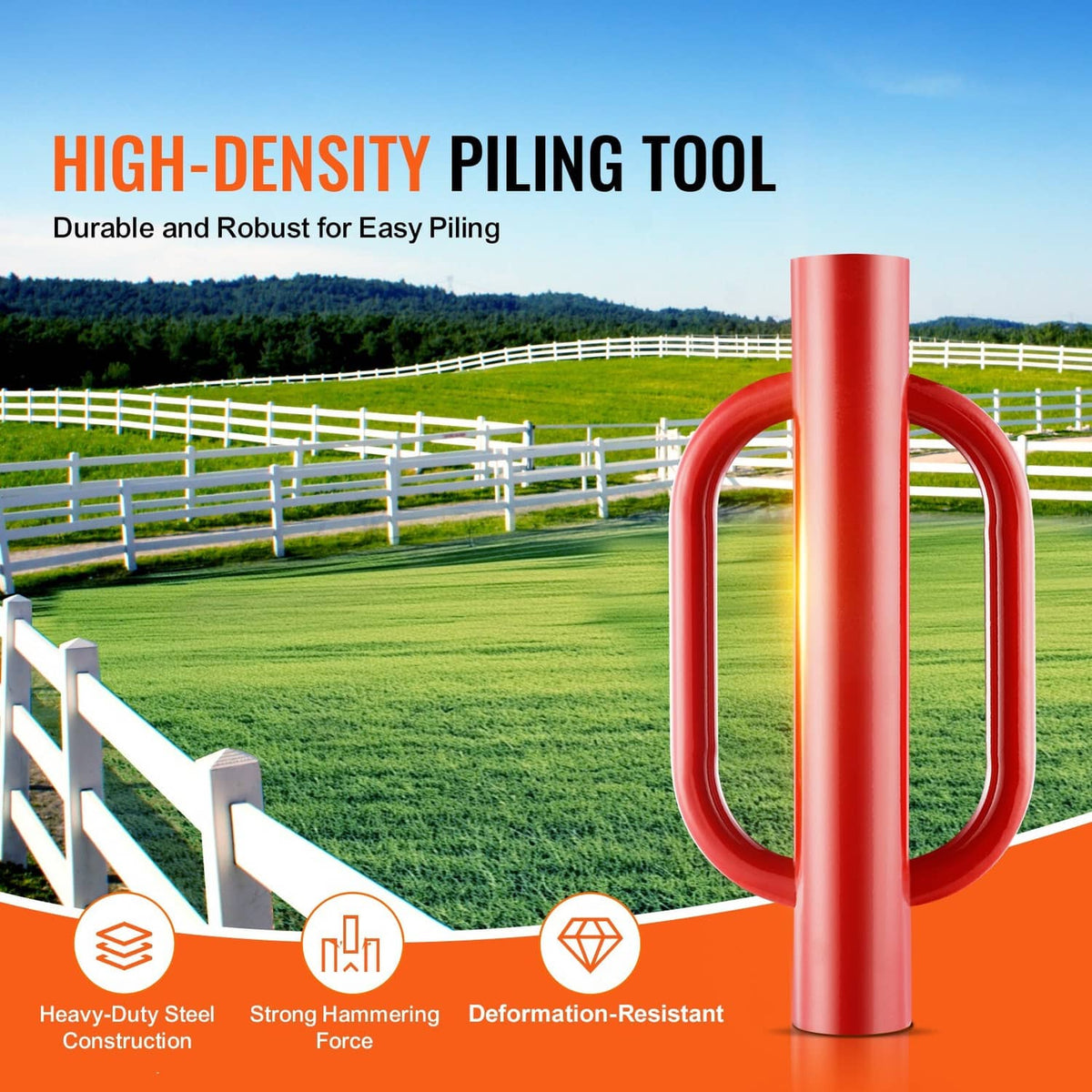 Red steel post pounder driver with tall center shaft and curved handles