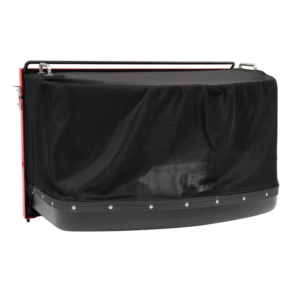 Black fabric grass catcher bag with stitched top and metal handle frame