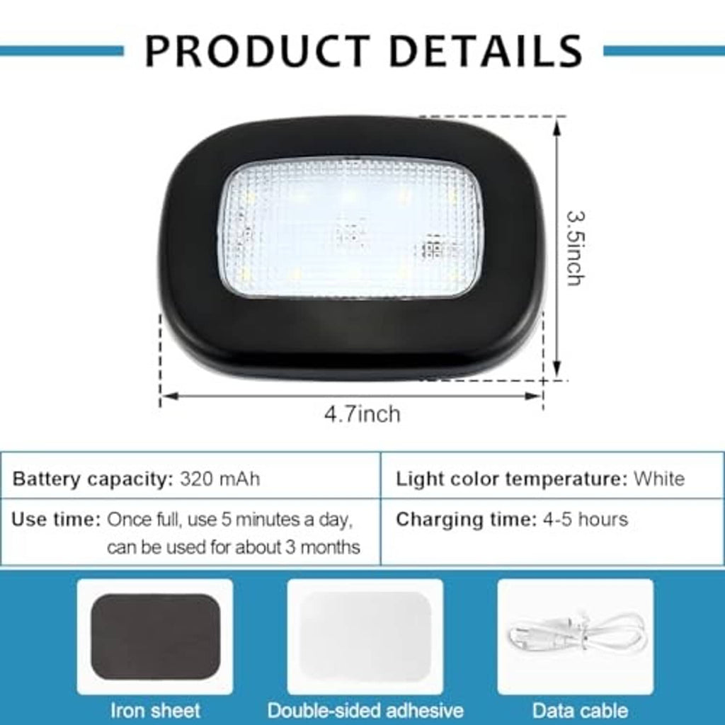 Black dome LED car light set with white light lens, adhesive pads, and USB cable.
