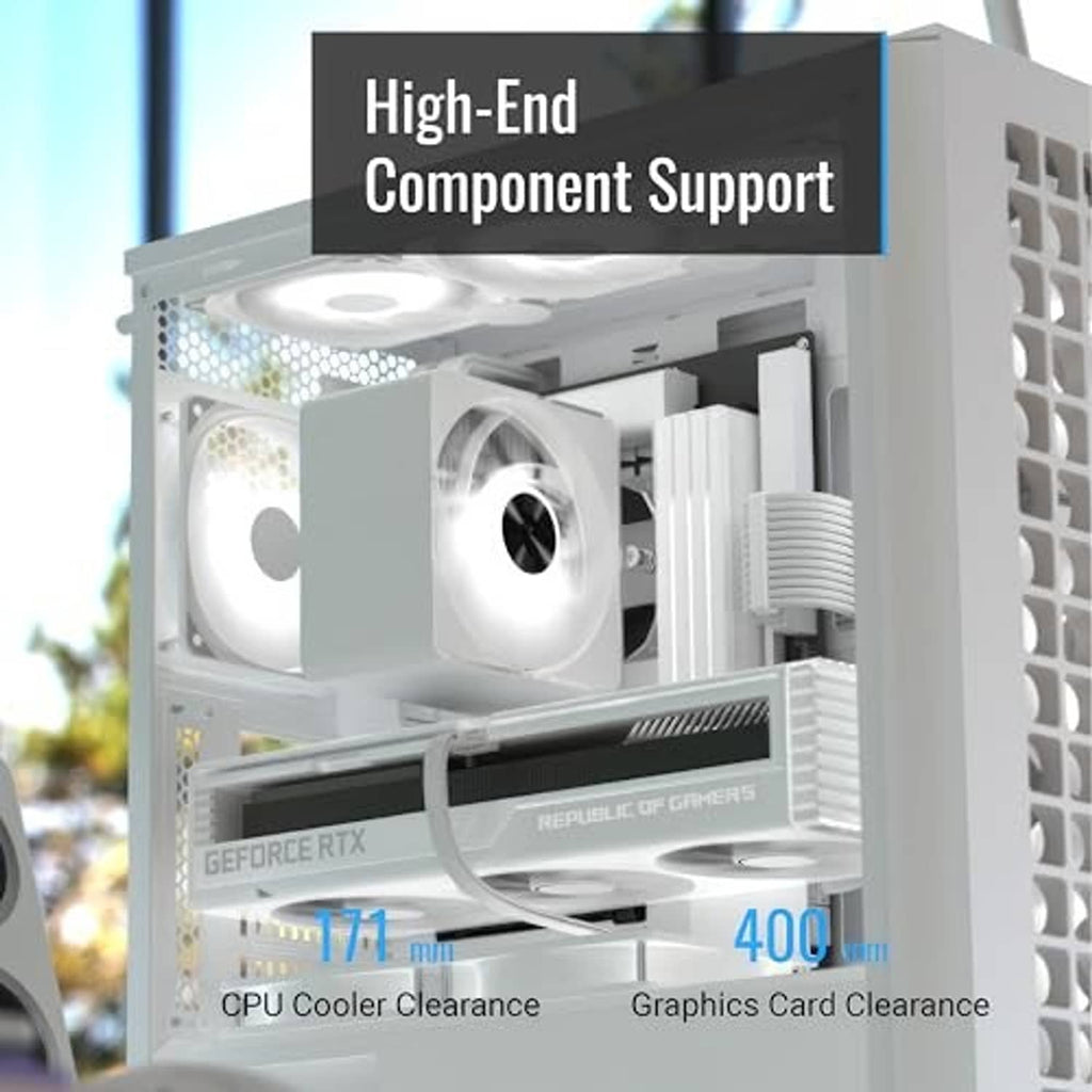 White mid-tower PC case interior with mesh front, large CPU cooler and graphics card clearance