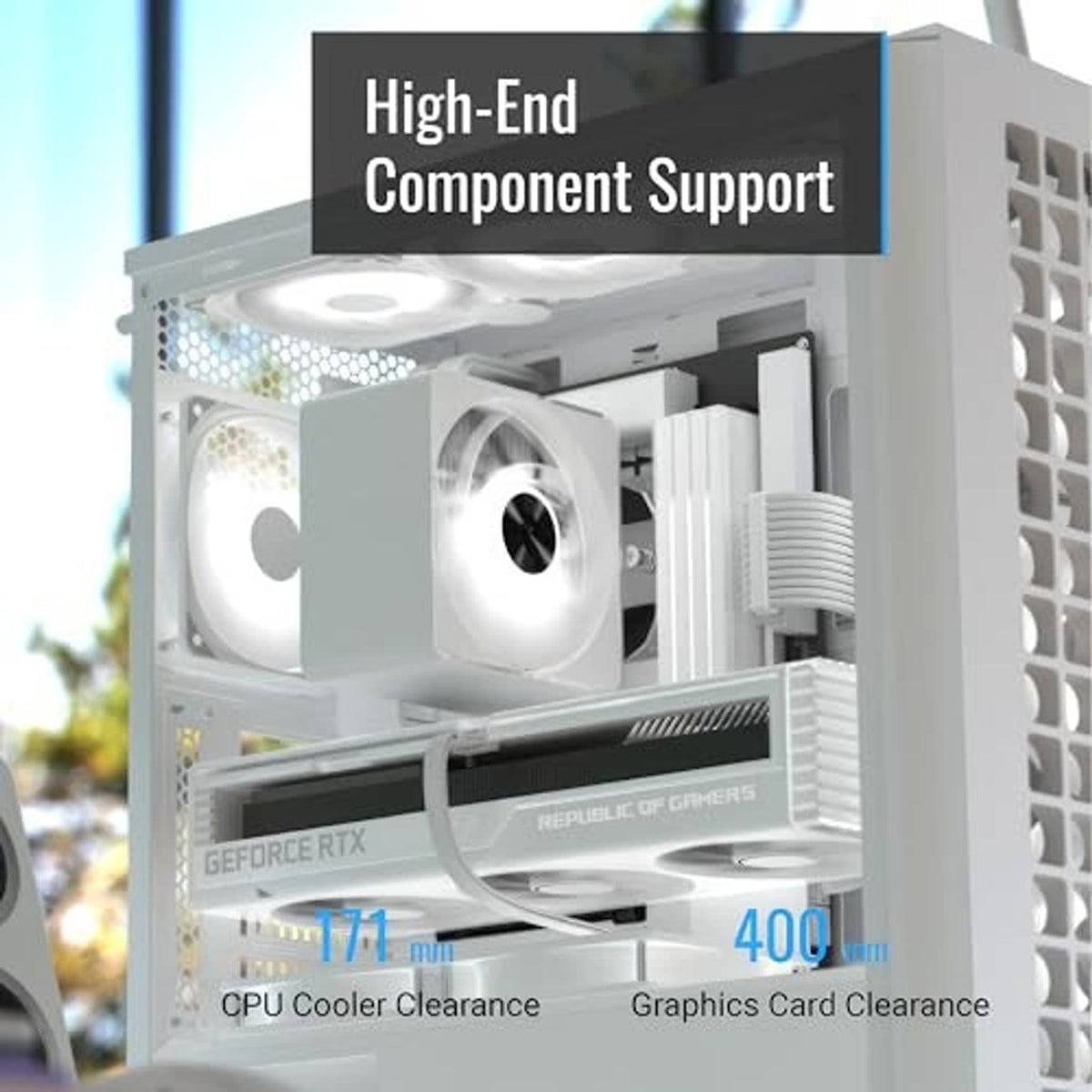 White mid-tower PC case interior with mesh front, large CPU cooler and graphics card clearance
