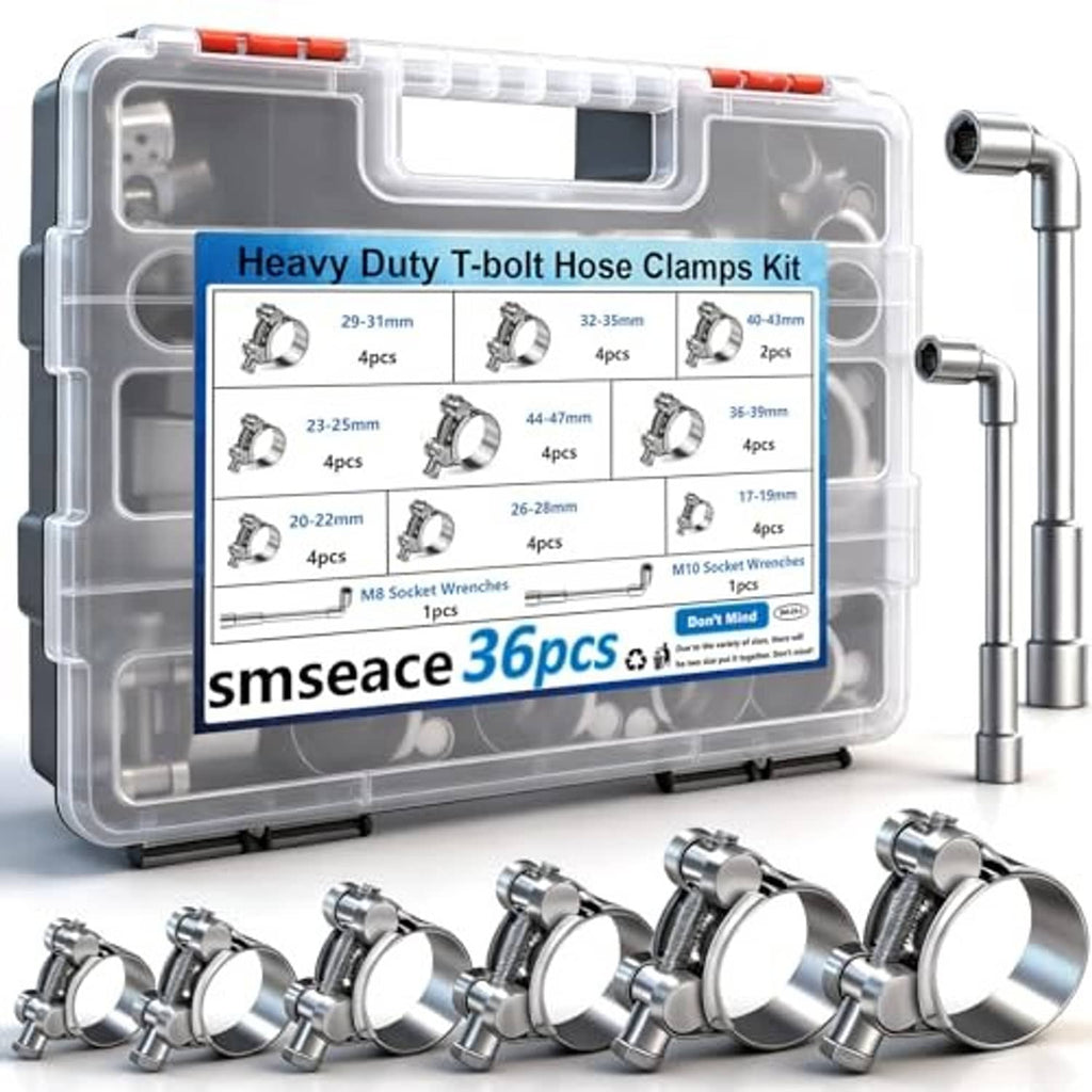 Stainless steel T-bolt hose clamps kit with clamps beside clear storage case