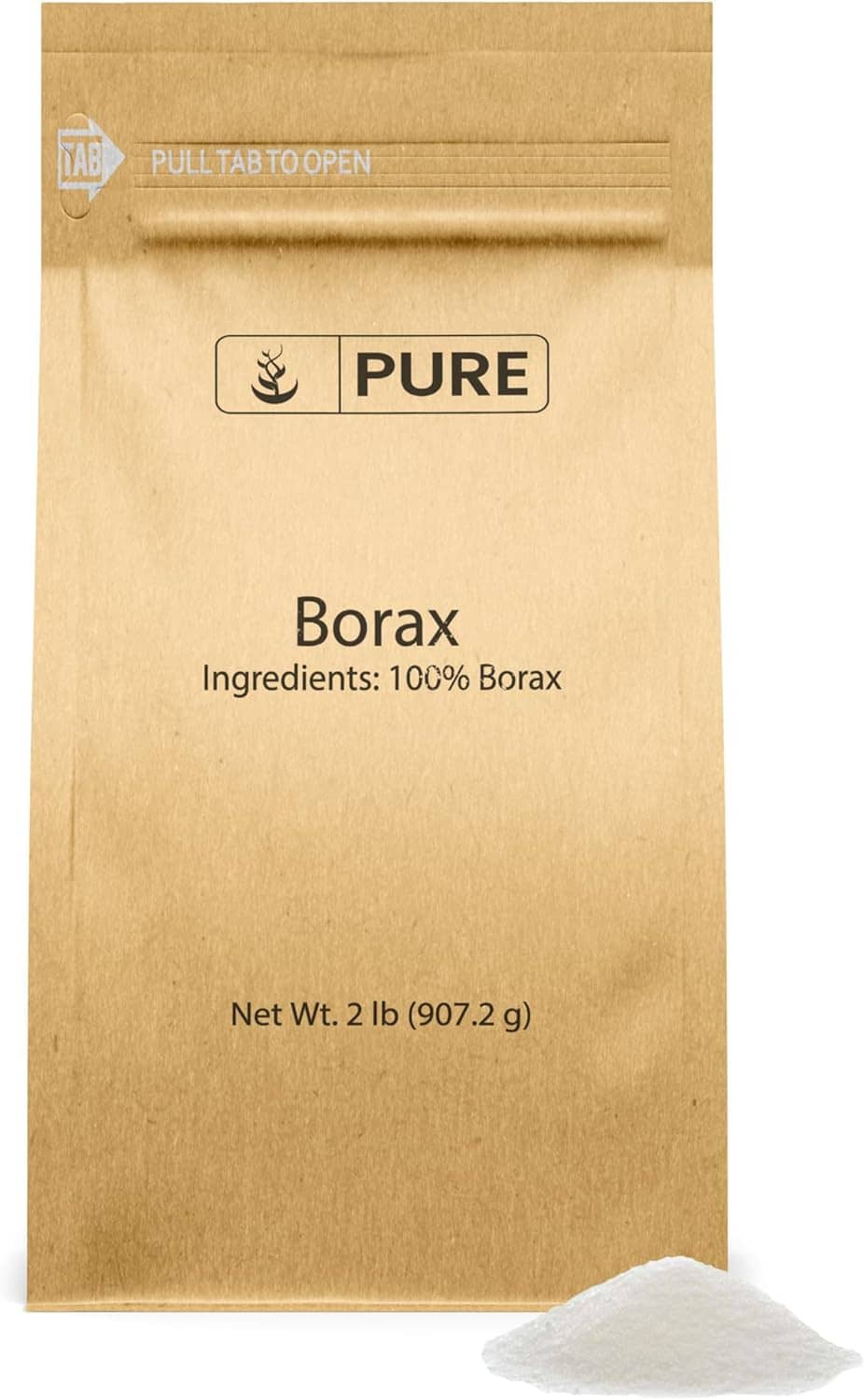 Borax powder pouch with PURE label, 2 lb net weight, white powder pile visible